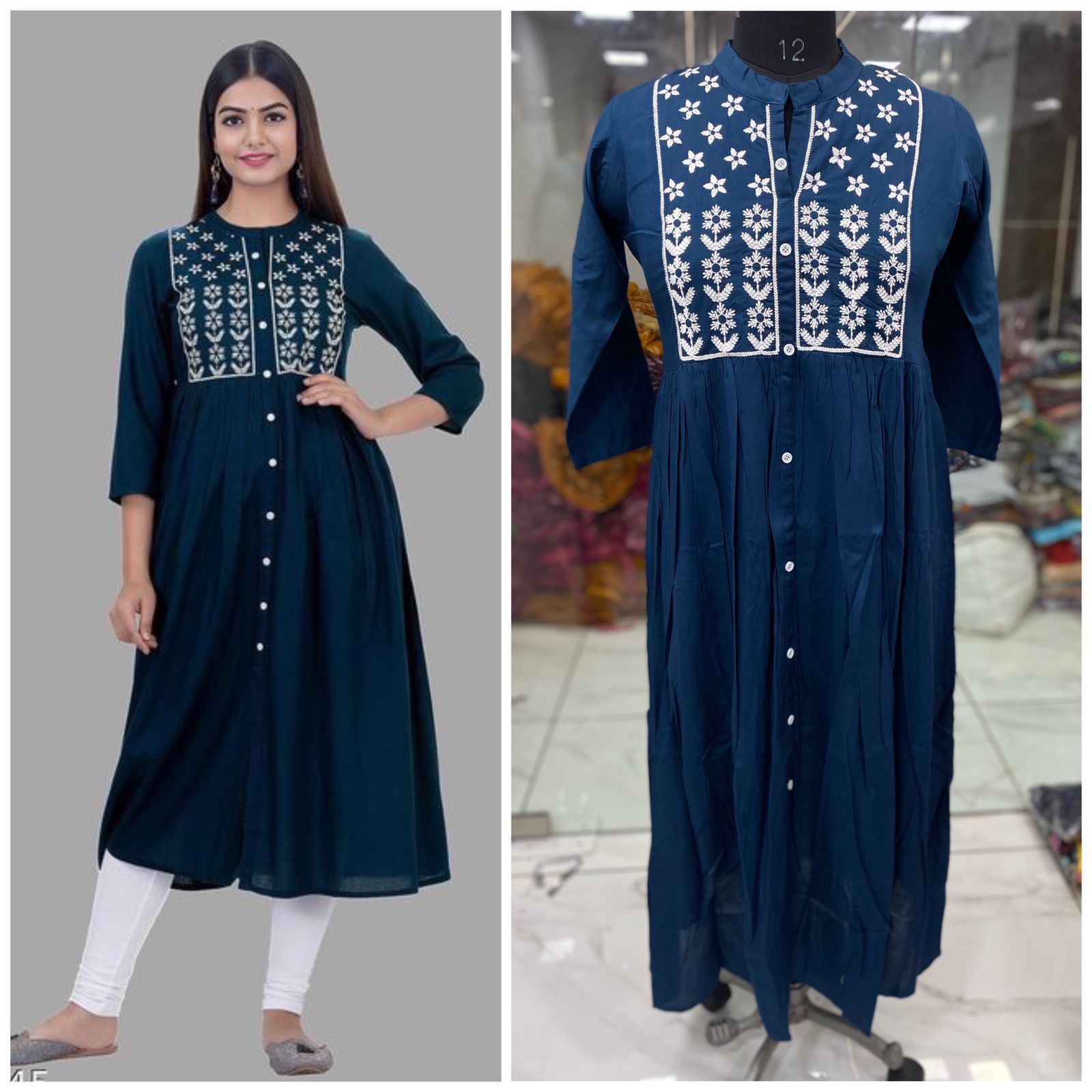 Navy Blue Printed Velvet Kurti for Women with Classic Collar and Butto –  Lakshita
