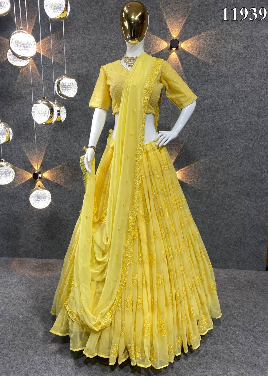 Lemon Yellow Lehenga In Tiered Pattern And Jaal Embroidered Sleeveless Choli  Online - Kalki Fashion | Yellow lehenga, Indian wedding outfits, Lehenga  style
