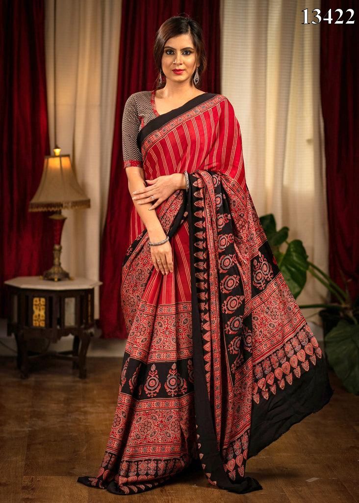 Pure silk batik black and red combination saree – Sujatra