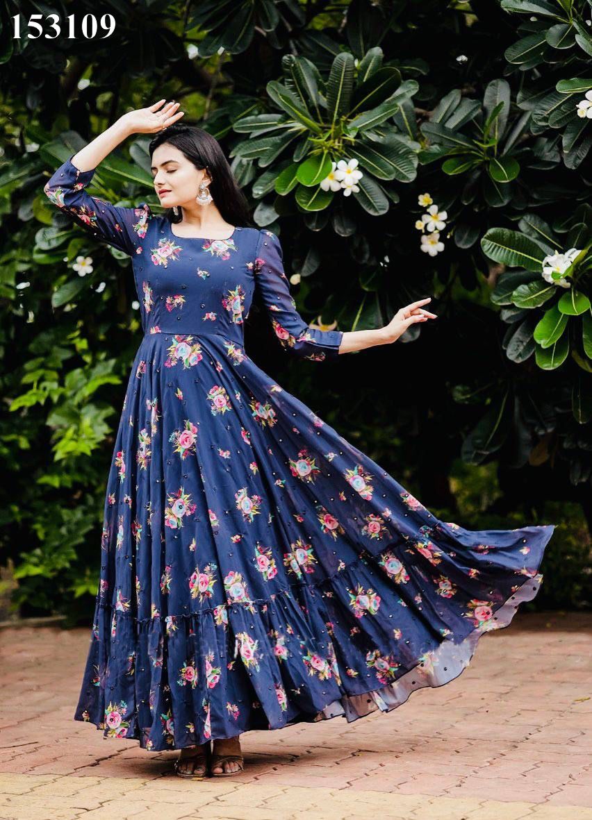 153109 Beautiful NEAVY BLUE peacock print gown with 9mm border n