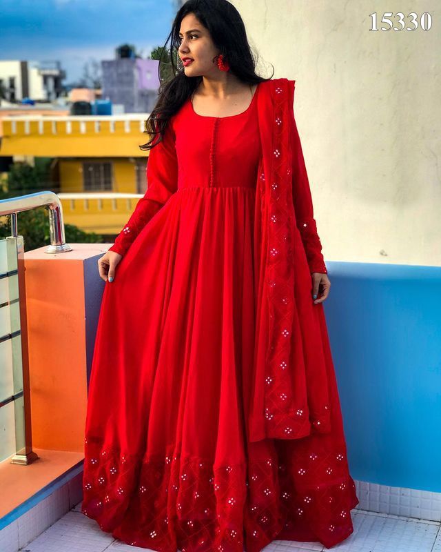 Womens Red Color Full Stitched Full Flared Full Long Party Wear Gown
