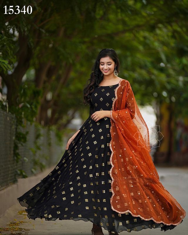 Buy Chiku Chinnon Gown With Bandhani Dupatta from Ethnic Plus