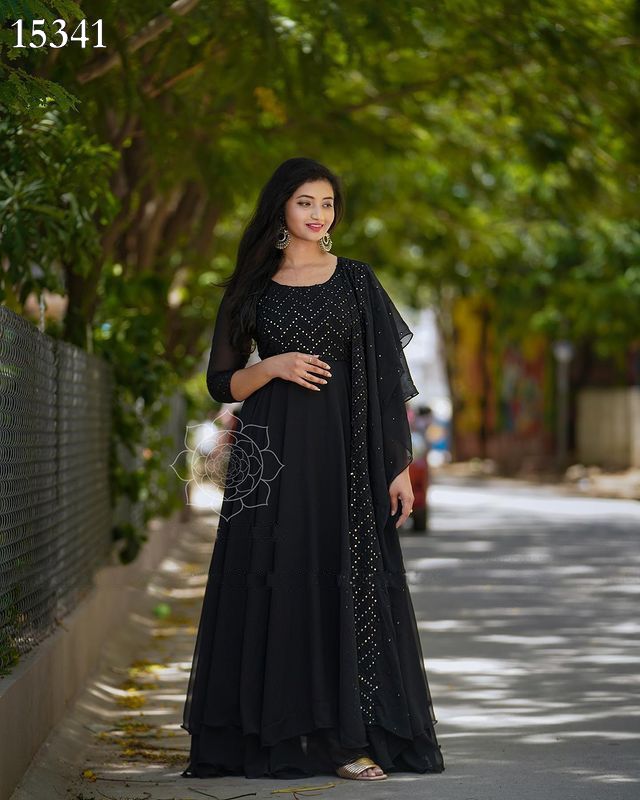 Black Embroidered Readymade Gown With Jacket 337GW01