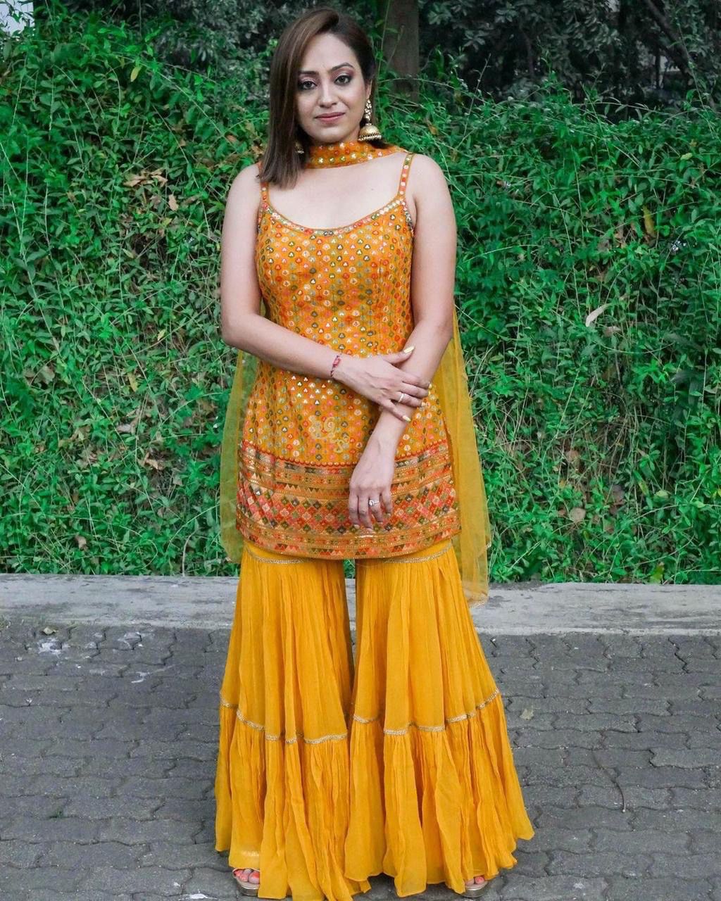 Yellow Georgette Printed Gown for Haldi Functions and Party Wear in USA,  UK, Malaysia, South Africa, Dubai, Singapore
