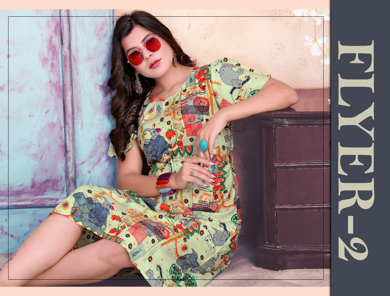 KANIKA BY KIRTAN RAYON PRINTED NEW FANCY FLAIRED PATTERN BEST TRENDY  GIRLISH FROCK KURTI WITH BELT BUY ONLINE AT BEST RATE IN INDIA NEWZEALAND  USA - Reewaz International | Wholesaler & Exporter